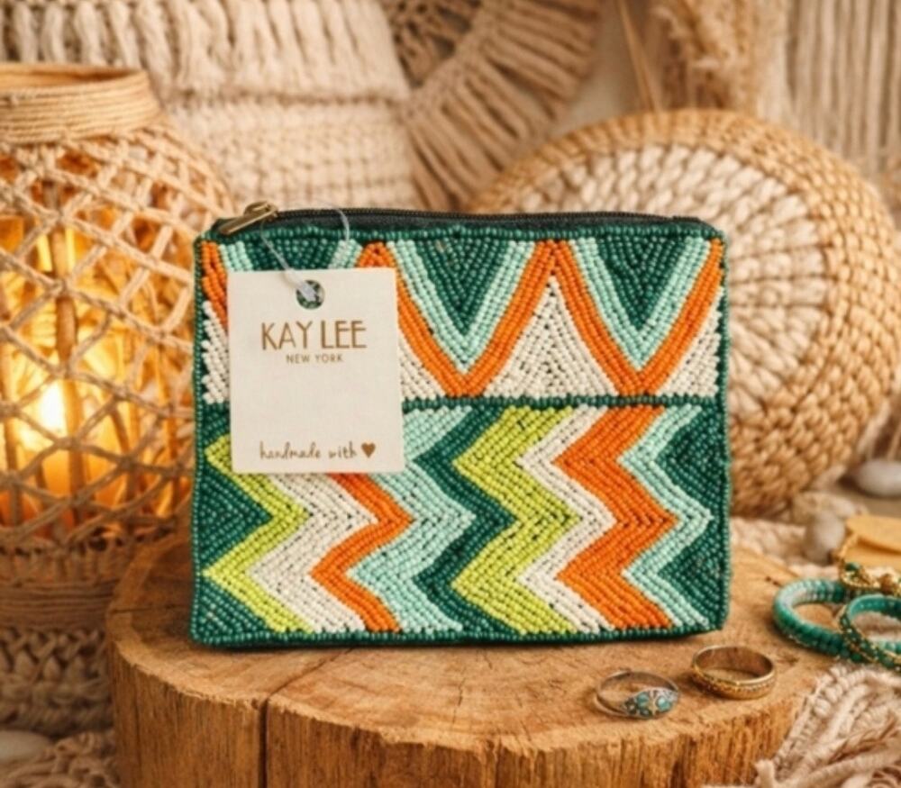 Kay Lee Green Beaded Zig Zag Coin Purse New